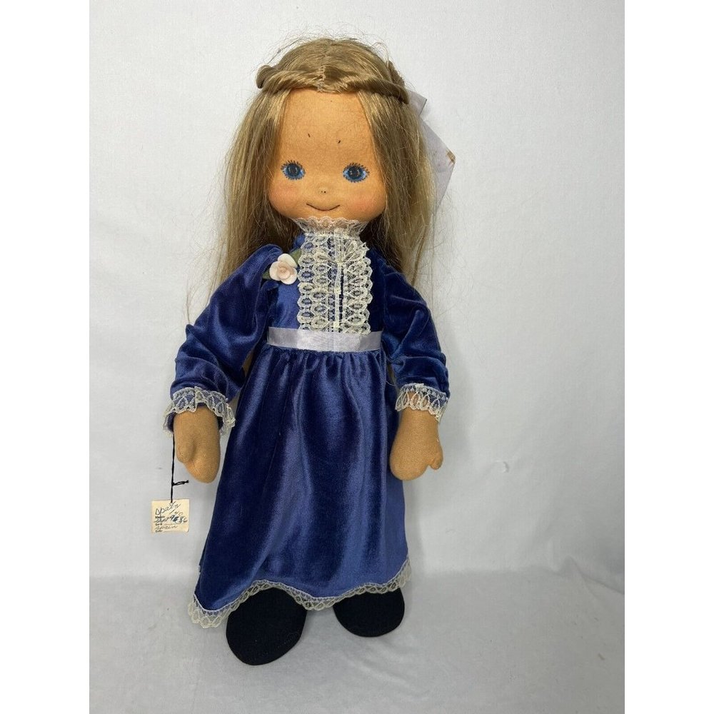 Unique Doll Vintage 1980s Stuffed Cloth Doll TAT Spain  Blue Velvet Dress 20”